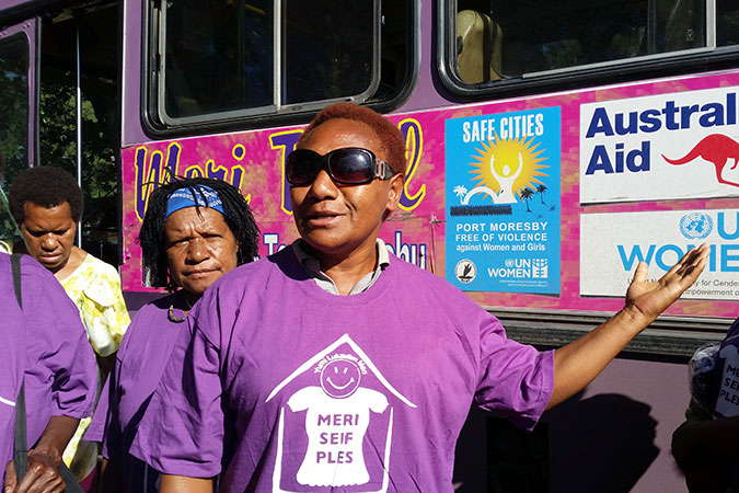 Buses donning UN Women logos and Safe Cities messaging were inaugurated in Port Moresby, Papua New Guinea.  Photo: Ginigoada/Lisa Marie Luther