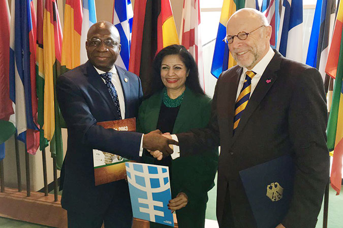 UN Women Deputy Executive Director Lakshmi Puri, the Permanent Representative of Germany to the United Nations, Harald Braun and the Permanent Observer of the African Union to the United Nations, Téte António, launch a new initiative to promote women's leadership in Africa. Photo: UN Women