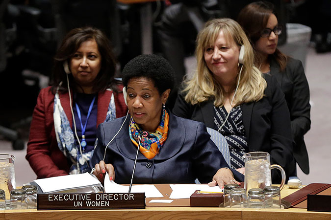 UN Under-Secretary-General and Executive Director of UN Women, Phumzile Mlambo-Ngcuka delivers remarks at the UN Security Council Open Debate on Women, Peace and Security held on 25 October 2016.  Photo: UN Women/Ryan Brown