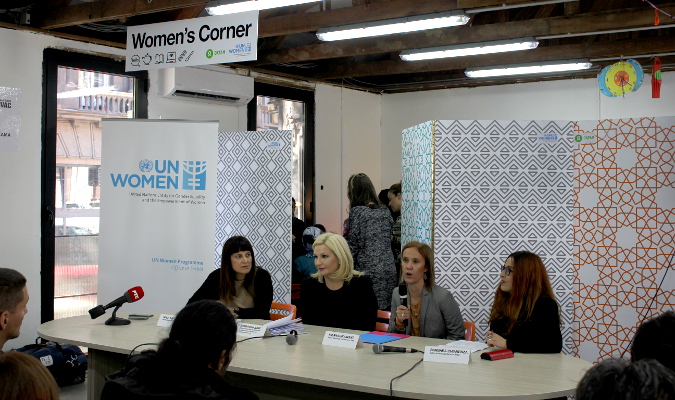 From left to right: Maja Lalic, director of the Miksaliste transit centre; Zorana Mihajlovic, President of the Government of Serbia Coordinating Body for Gender Equality; Milana Rikanovic, Head of UN Women in Serbia and Barbara Chiarenza, Humanitarian Protection Manager for the Refugees Crisis at Oxfam at the opening of the Women's Corner. Photo: UN Women/Bojana Barlovac