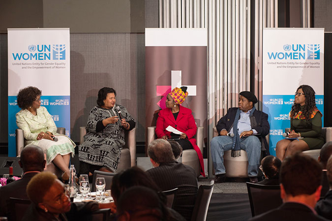 Panellists, from left to right: Snowy Khoza, CEO of Bigen Africa; Elinor Sisulu, human rights activist and author, Dr Vuyo Mahlati, Global Director of the International Women’s Forum; Bafana Khumalo, Director of Strategic Partnerships, Sonke Gender Justice and Nompumelelo Melaphi, founder, Rethink Africa. Photo: UN Women/Drawn to Light