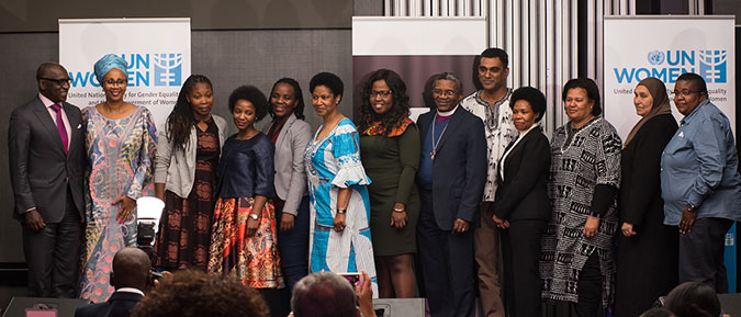 Members of UN Women South Africa-Multi Country Office’s Civil Society Advisory Group pose with United Nations Resident Coordinator Gana Fofang and UN Women SAMCO Representative Anne Githuku-Shongwe (far left and right) and UN Women Executive Director Phumzile Mlambo-Ngcuka (6th from left). Photo: UN Women/Drawn to Light