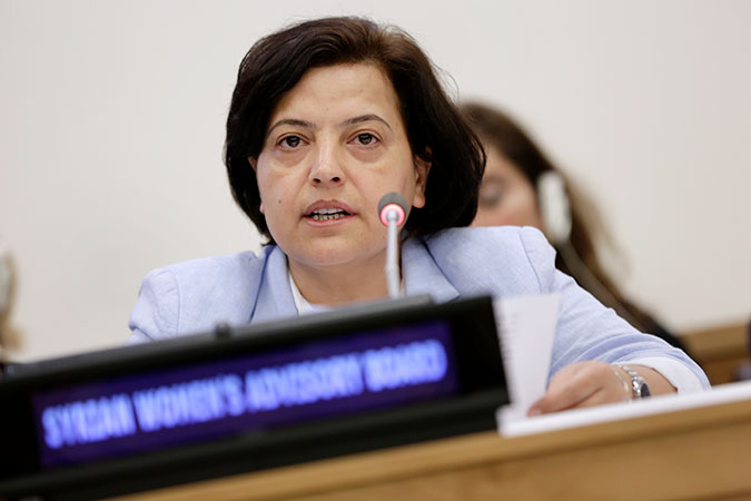 Nobhar Moustafa, a member of the Syrian Women’s Advisory Board, speaks at the UN Women organized panel discussion. Photo: UN Women/Ryan Brown