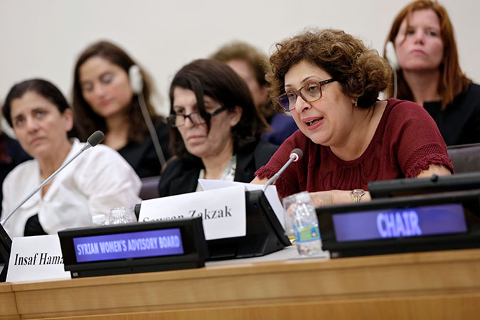 Member of the Syrian Women's Advisory Board Sawsan Zakzak at the UN Women organized panel discussion. Photo:  UN Women/Ryan Brown
