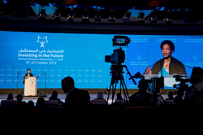 UN Women Executive Director speaks at Investing in the Future—the Resilience of Women and Girls in the Arab Region Conference in Sharjah. Photo: UN Women/Christopher Herwig
