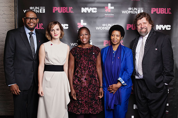 The launch event featured SDG Advocate and UNESCO Special Envoy for Peace  Forest Whitaker, UN Women Goodwill Ambassador Emma Watson, First Lady of New York City Chirlane McCray, UN Women Executive Director Phumzile Mlambo-Ngcuka, The Public Theatre’s Artistic Director Oskar Eustis. Photo: UN Women/Celeste Sloman 