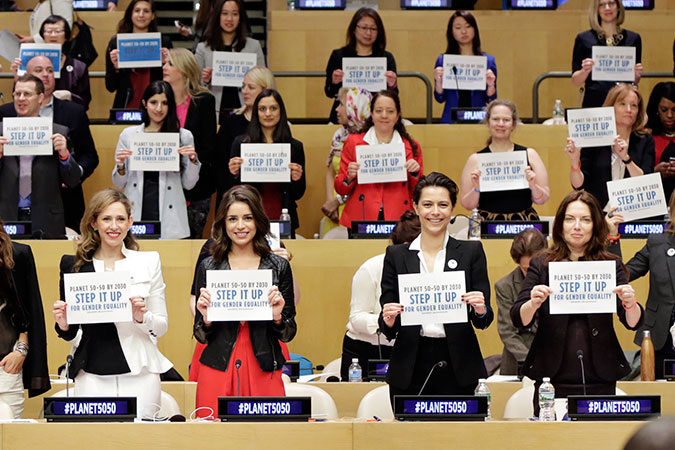 No one stayed seated at "A Call to Action" event, as UN Women Deputy Executive Director Lakshmi Puri asked #Planet5050 champions to stand up. Photo: UN Women/Ryan Brown
