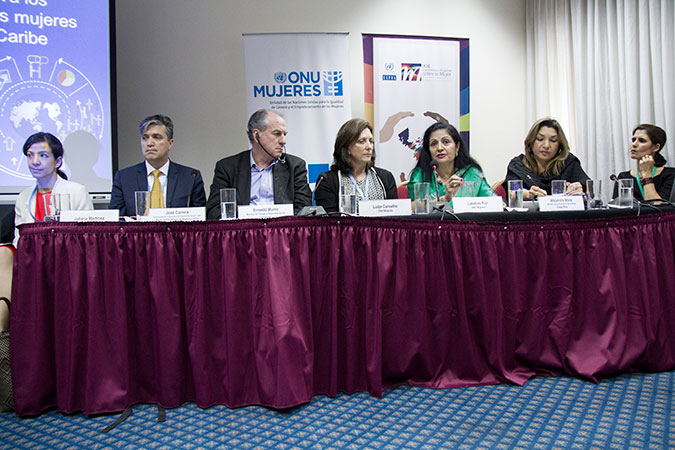 UN Women Executive Director Lakshmi Puri served on the High-level “Gender Equality at the Centre of Sustainable Development” panel with María Nieves Rico (ECLAC), Álvaro García (Government of Uruguay), Babatunde Osotimehin (UNFPA), María Cristina Perceval (UNICEF) and Elizabeth Odio Benito (IACHR). Photo: UN Women/Diego Nessi