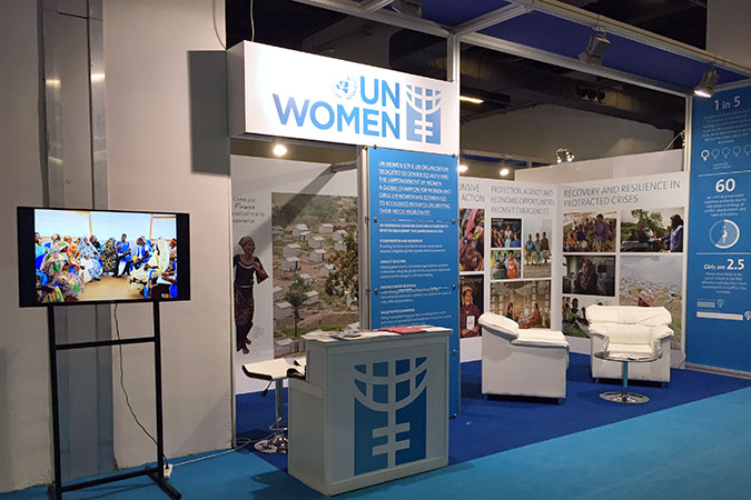 UN Women’s booth at the World Humanitarian Summit.  Photo: UN Women/Sharon Grobeisen