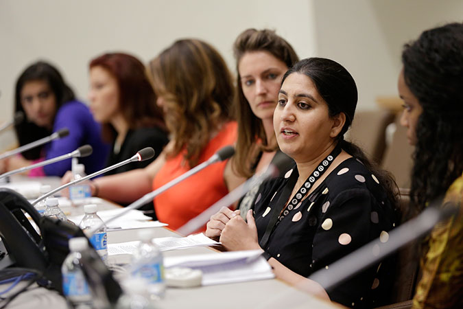 Shruti Kapoor, Founder, Sayfty, addresses the "Investing in young women's leadership is key to implementing the SDGs" event, in New York. Photo: UN Women/Ryan Brown