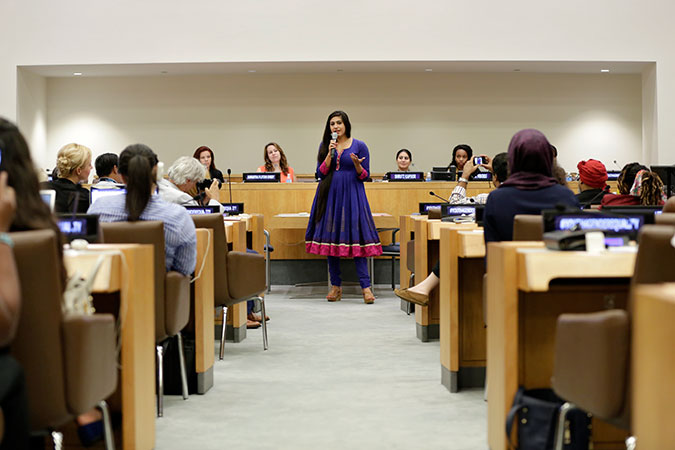Naeema Naem Butt, CEO and Founder of PEHLAAJ (Theater of the Oppressed), delivers her remarks at the "Investing in young women's leadership is key to implementing the SDGs" event in New York. Photo: UN Women/Ryan Brow