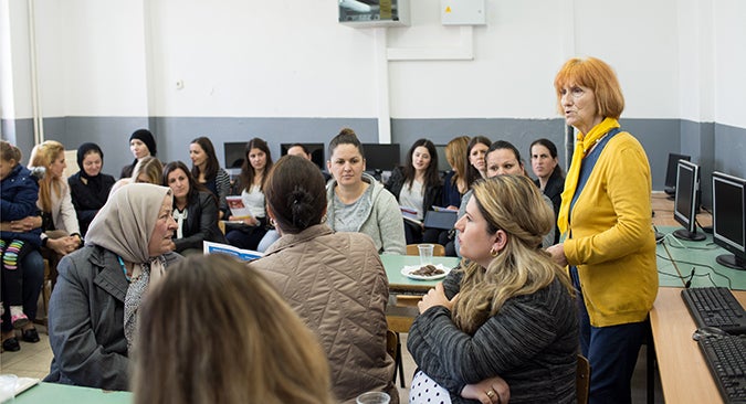 Dzane Kreshova, President of Zenski Forum from Tetovo, addressing the women in the village of Shipkovica. Photo: UN Women/Mirjana Nedeva