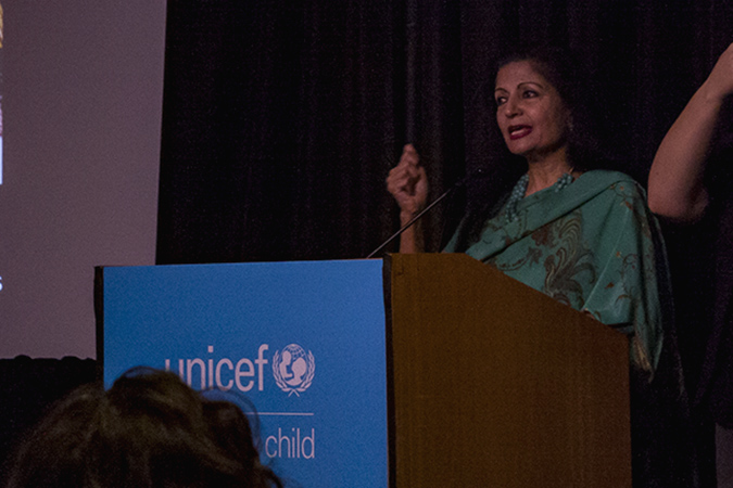 UN Women Deputy Executive Director Lakshmi Puri speaks at the official commemoration of International Day of the Girl Child. Photo: UN Women/Jodie Mann