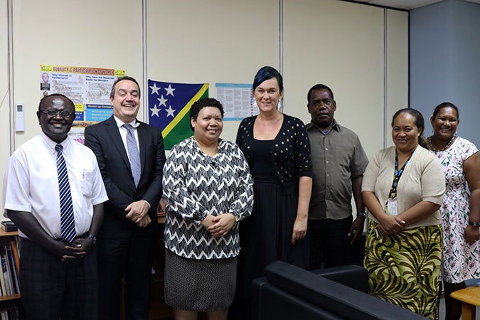 Pictured (left to right): Cedrick Alependava, new Permanent Secretary of MWYCFA; Yannick Glemarec, UN Women Deputy Executive Director; Hon. Freda Tuki Soriacomua, Minister for Women, Youths, Children and Family Affairs; Aleta Miller, UN Women Fiji Multi-Country Office Representative; Justus Denni, Supervising Permanent Secretary MWYCFA; Alvina Lillie Soaki Erekali, UN Women Country Programme Coordinator Solomon Islands; and Pauline Soaki, Director, Women’s Development Division MWYCFA. Photo credit: UN Women/Caitlin Clifford 