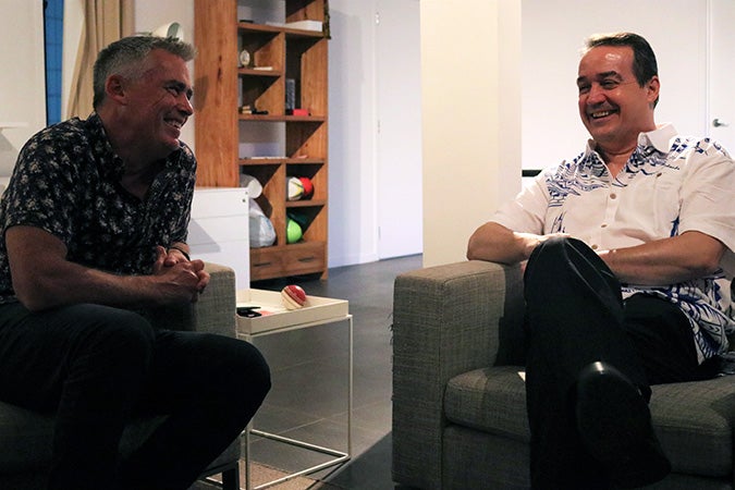 Australia’s Acting High Commissioner to Solomon Islands, Michael Hassett (left) speaks to UN Women Deputy Executive Director, Yannick Glemarec (right). Photo credit: UN Women/Caitlin Clifford 