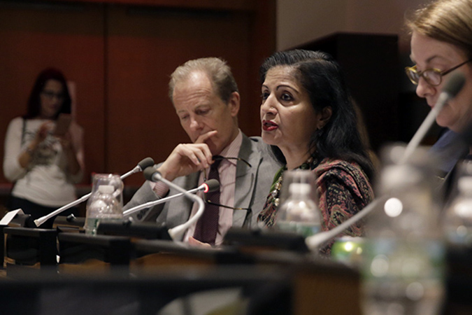UN Women Deputy Executive Director Lakshmi Puri speaks at the Documenting, Investigating and Prosecuting Conflict-related Sexual and Gender-based Violence: The Case of Syria and Iraq event in New York. Photo: UN Women/Jodie Mann