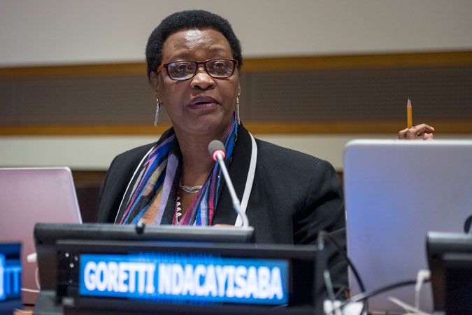 Goretti Ndacayisaba, who leads the organization Dushierhamwe in Burundi, speaks during the event Masculinities, Violence against Women in Leadership & Participation in Transitional Societies: The Case of Burundi and Guatemala. Photo: UN Photo/Cia Pak