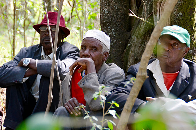 Presidenta del clan Inchugu en Tanzania y Kenia, Masonoro Marwa, sentada (en el centro) en la casa del estado forestal en el bosque de Nyamakendo, Mara. Por lo general, a las mujeres y a los extranjeros no se les permite ingresar, pero Marwa hizo una excepción.