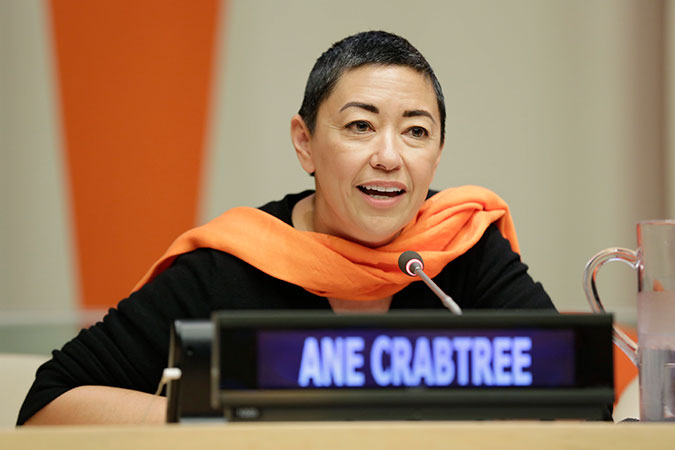 Costume designer of the Emmy-award winning series“The Handmaid’s Tale”, Ane Crabtree speaks at the official commemoration of the International Day for the Elimination of Violence against Women in New York. Photo: UN Women/Ryan Brown