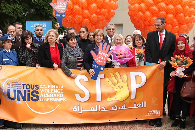 UN Women in Algeria has joined in to orange the world and organized a balloon release on November 30th for the 16 days of activism to end violence against women, with the presence of the Minister for Solidarity Ghania Eddalia (pictured center, with hand sign).  Photo: UN Women