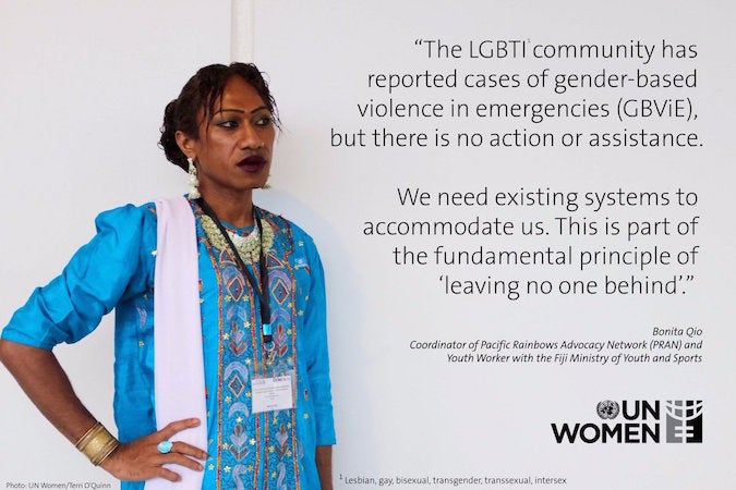 Bonita Qio, a local activist with the Pacific Rainbow Advocacy Network, on making emergency responses more inclusive of the LGBTI community. Credit: UN Women/Terri O’Quinn.