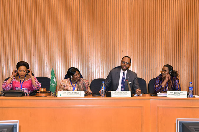 Mr. Amadou Mahtar Ba, Founder and Executive Chairman of AllAfrica Global Media and HLP member during his presentation at the AU Summit. To his right, Mrs. Mahawa Kaba Wheeler, Director, Gender and Development Directorate of the African Union Commission, and to his left, Ms. Madam Kade N. Elizabeth, Minister in Charge of Women, Protection of Child and National Solidarity of Chad. Photo: UN Women/Helen Yosef