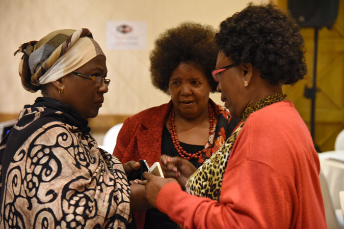 Maimuna Mudao (left) with Wanjiku Kabira (center) during the UN Women Kenya supported capacity strengthening platform for women running for political office in the upcoming general election. Photo: UN Women/ Kennedy Okoth