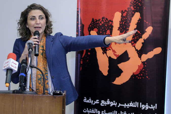 Salma Nims, Secretary-General of the Jordanian National Commission for Women, launched a petition to collect signatures demanding the amendment of national laws that discriminate against women, during the joint press conference organized at Jordanian National Commission for Women on 22 November 2016, at the launch of the 16 Days of Activism Against Gender-Based Violence campaign in Jordan. Photo: Jordanian National Commission for Women.
