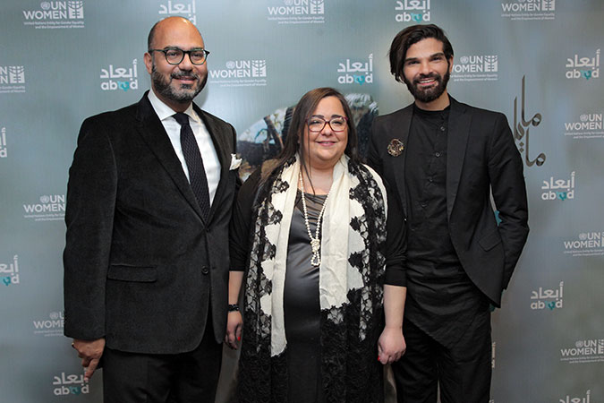 UN Women Regional Director for Arab States Mohammad Naciri, ABAAD Director, Ghida Anani, and musician Mike Massy at the National Concert event in Beirut Lebanon which featured the launch of Massy’s song “Kermali” which was produced with the participation of women survivors of violence. Photo: ABAAD