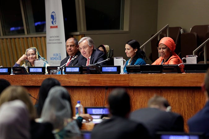 Prime Minister of Bangladesh, Sheikh Hasina; President of Costa Rica, Luis Guillermo Solís Rivera; UN Secretary-General António Guterres; United Kingdom Secretary of State, International Development, Priti Patel; and UN Women Executive Director Phumzile Mlambo-Ngcuka take part in the 'Leave No One Behind: Actions and Commitments for Women's Economic Empowerment' event on 19 September in New York. Photo: UN Women/Ryan Brown