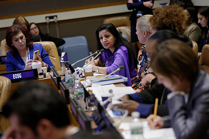 UN Women Deputy Executive Director Lakshmi Puri speaks at a high-level event on 'Women Mediators Network: From Paper to Practice' during the 72nd UN General Assembly. Photo: UN Women/Ryan Brown
