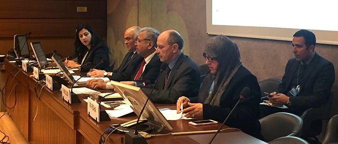 Photo: (L:R) Hiba Qasas, Chief of Crisis Preparedness, Prevention and Response at UN Women Geneva; Ambassador Mu'ayad Salih, Iraq's Permanent Representative to the United Nations in Geneva; Waleed Al-Hilli, Iraqi human rights activist; Rudolf Müller, the Deputy Director of the United Nations Office for the Coordination of Humanitarian Affairs (OCHA) in Geneva; and Maha Ridha, human rights activist and head of office for Empowering Women at the AI Kho’s Foundation at the Human Rights Council side-event on “The impact of terrorism on the rights of women'. Photo credit: UN Women/Fatima Sator