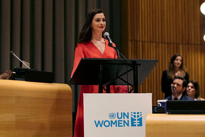 Anne Hathaway delivers keynote address in her first public appearance as UN Women Goodwill Ambassador. Photo: UN Women/Ryan Brown