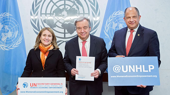 UN Secretary-General António Guterres received the High-Level Panel on Women's Economic Empowerment's final report. Photo: UN Women/Ryan Brown
