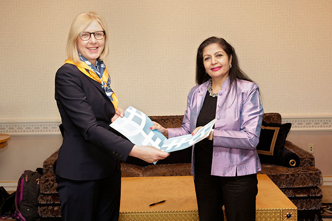 UN Women Deputy Executive Director Lakshmi Puri with the CEO of the World Association of Girl Guides and Girl Scouts Anita Tiessen. Photo: UN Women/Ryan Brown