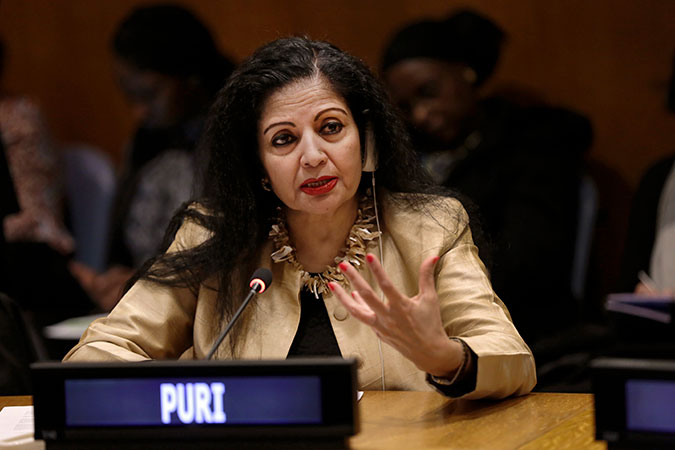 UN Women Deputy Executive Director Lakshmi Puri at the "Integrating a gender perspective in the global compact for safe, orderly and regular migration" event. Photo: UN Women/Ryan Brown