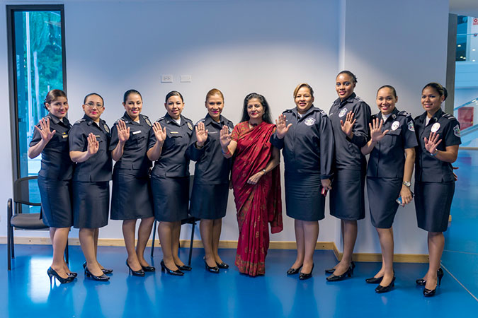 During her visit, Ms. Puri engaged with Panamanian women from all walks of life and discussed Sustainable Development Goal 5 for gender equality and women’s empowerment with them. In this photo, Ms. Puri with women police officers in Panama City. Photo: UN Women/Eduard Serra
