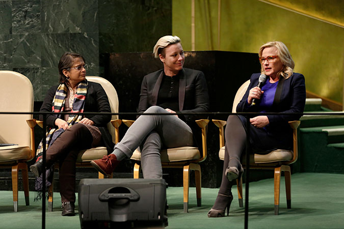 L-R: Anannya Bhattacharjee, Abby Wambach and Patricia Arquette speak at the Equal Pay event. Photo: UN Women/Ryan Brown