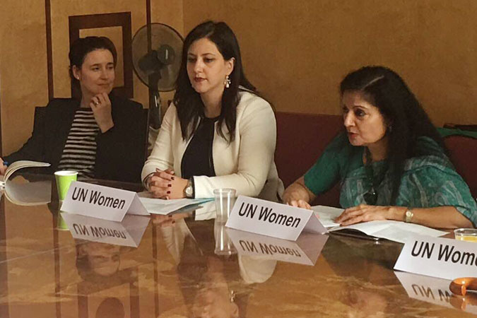 Hiba Qasas, Chief of Crisis Preparedness, Prevention and Response at UN Women Geneva and UN Women Deputy Executive Director Lakshmi Puri. Photo: UN Women/Lana Bozic