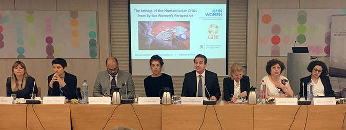 From left to right: Ezgi Arslan of Association for Solidarity with Asylum Seekers and Migrants, Salma Kahale of Dawlaty, Mohammad Naciri, UN Women Regional Director, Arab States, Norway State Secretary Laila Bokhari, UN Women Deputy Executive Director Yannick Glemarec, Lotte Knudsen, Managing Director for Human Rights, Global and Multilateral issues at the European External Action Service, Sawsan Zakzak of the Syrian Women’s initiative for Peace and Democracy and Maria Al Abdeh of Women Now for Development. Photo: UN Women