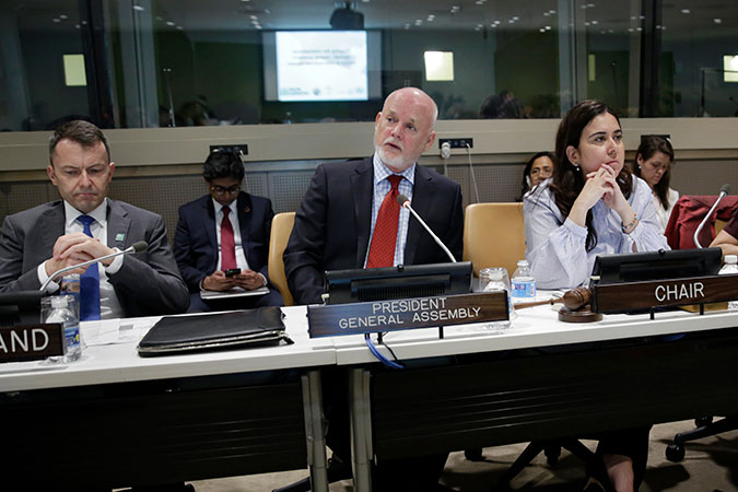 Peter Thomson, President of the General Assembly delivers the keynote at the launch of the publication titled “Shaping the international agenda: Raising women’s voices in intergovernmental forums.” Photo: UN Women/Ryan Brown