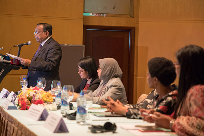 Bangladesh Foreign Minister Abul Hassan Mahmud Ali, speaks at the Women Peace and Security Symposium closing ceremony in Dhaka, Bangladesh on 30 January 2018. Photo: UN Women/Saikat Mojumder