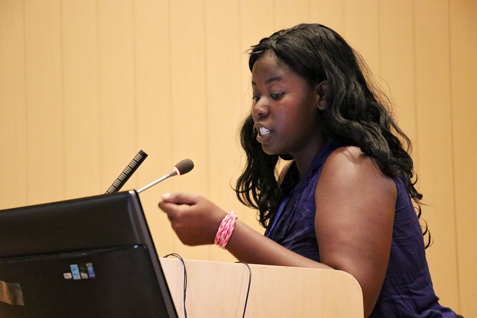 Colleen Chibanda, from Harare, Zimbabwe speaks at Coding Camp in Addis Ababa, Ethiopia. Photo: UN Women/Faith Bwibo