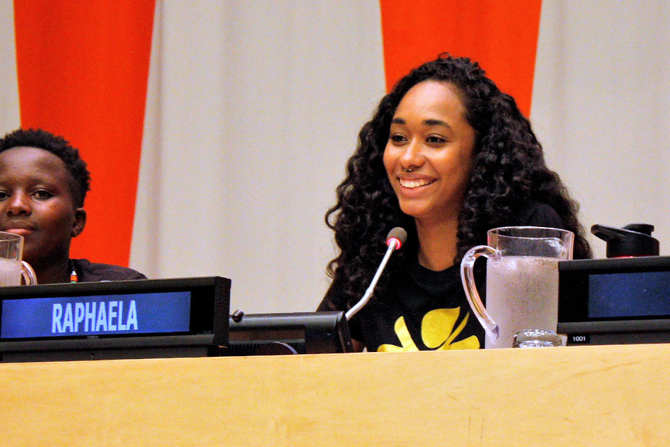 Raphaela Barbosa Lacerda speaks at the United Nations on the role of sport in girls' empowerment. Photo: UN Women/Beatrice Frey