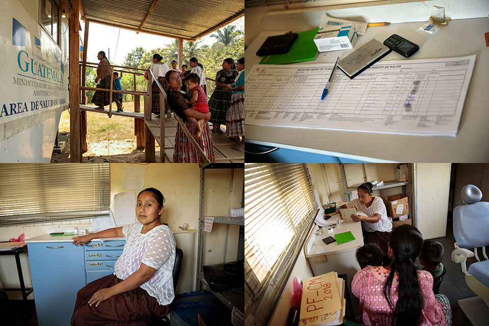 a collage of photos from the medical center in Sepur Zarco: One shows women and children waiting in line, another shows a woman waiting to see the a practitioner, another shows a patient and her child speaking with the practitioner, the last shows a list of patients. Photo: UN Women/Ryan Brown