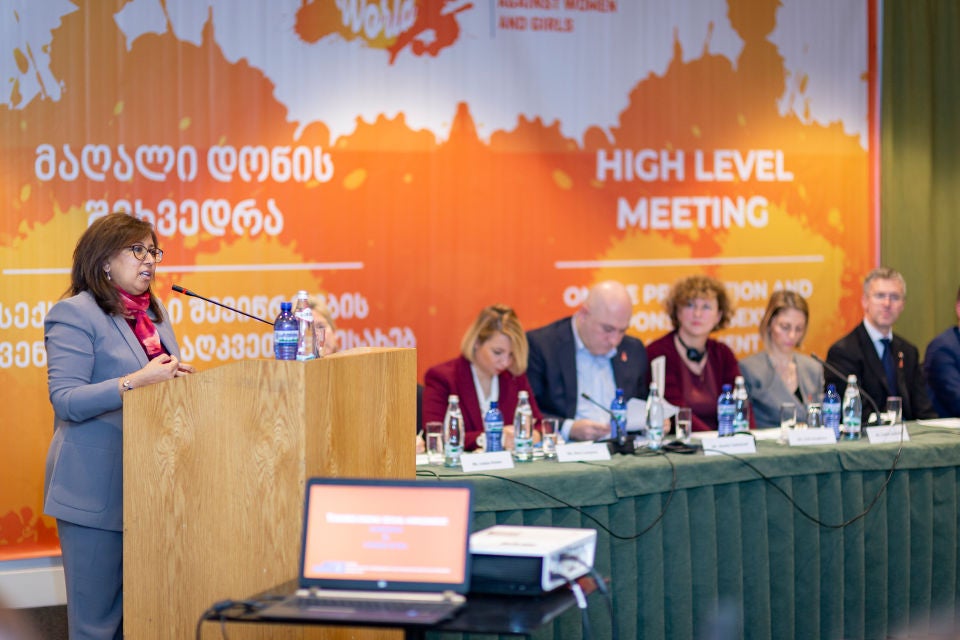 Purna Sen, UN Women Executive Coordinator and Spokesperson on Addressing Sexual Harassment and other Forms of Discrimination at the high-level meeting on the Prevention and Response to Sexual Harassment, Tbilisi, Georgia. Photo: Gvantsa Asatiani