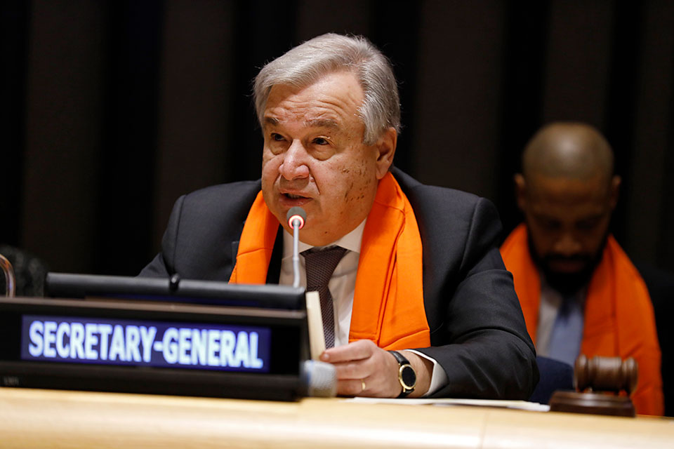 UN Secretary-General António Guterres speaks at the UN Official Commemoration of International Day for the Elimination of Violence against Women. Photo: UN Women/Ryan Brown