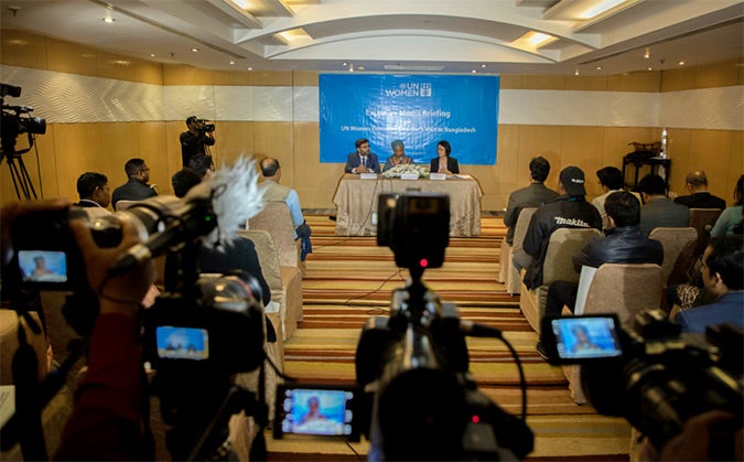 UN Women Executive Director Phumzile Mlambo-Ngcuka speaks at press conference. Photo: UN Women/Shaikat Mojumder