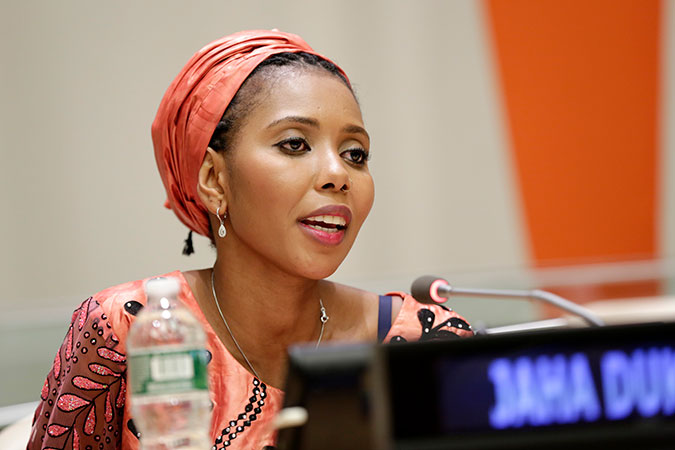 Jaha Dukureh participates in a panel discussion following the US premiere of Jaha’s Promise, hosted by UN Women and the Wallace Global Fund, held at United Nations in New York on 6 June, 2017.   Photo: UN Women/Ryan Brown