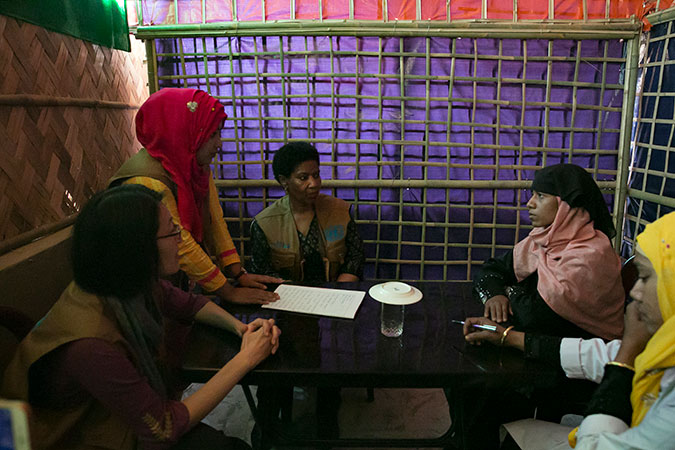 UN Women Executive Director Phumzile Mlambo-Ngcuka meets with women at a UN Women-supported Action Aid Women Friendly Space in Balukhali Rohingya Refugee camp. UN Women/Allison Joyce
